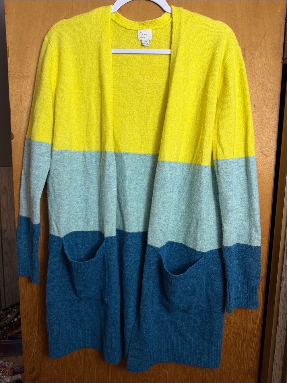 a new day Yellow, Light Gray & Teal Colorblock Open Cardigan